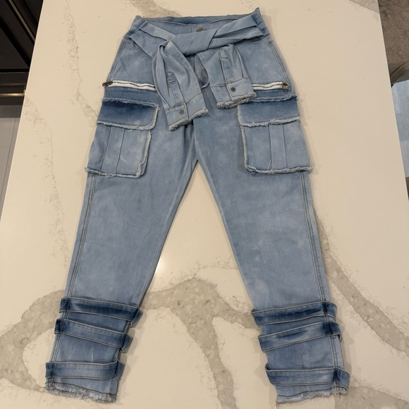 My Boo NWT Cargo Tomboy High Waisted Denim Jeans Women’s Large Blue Tie Waist - Picture 1 of 9